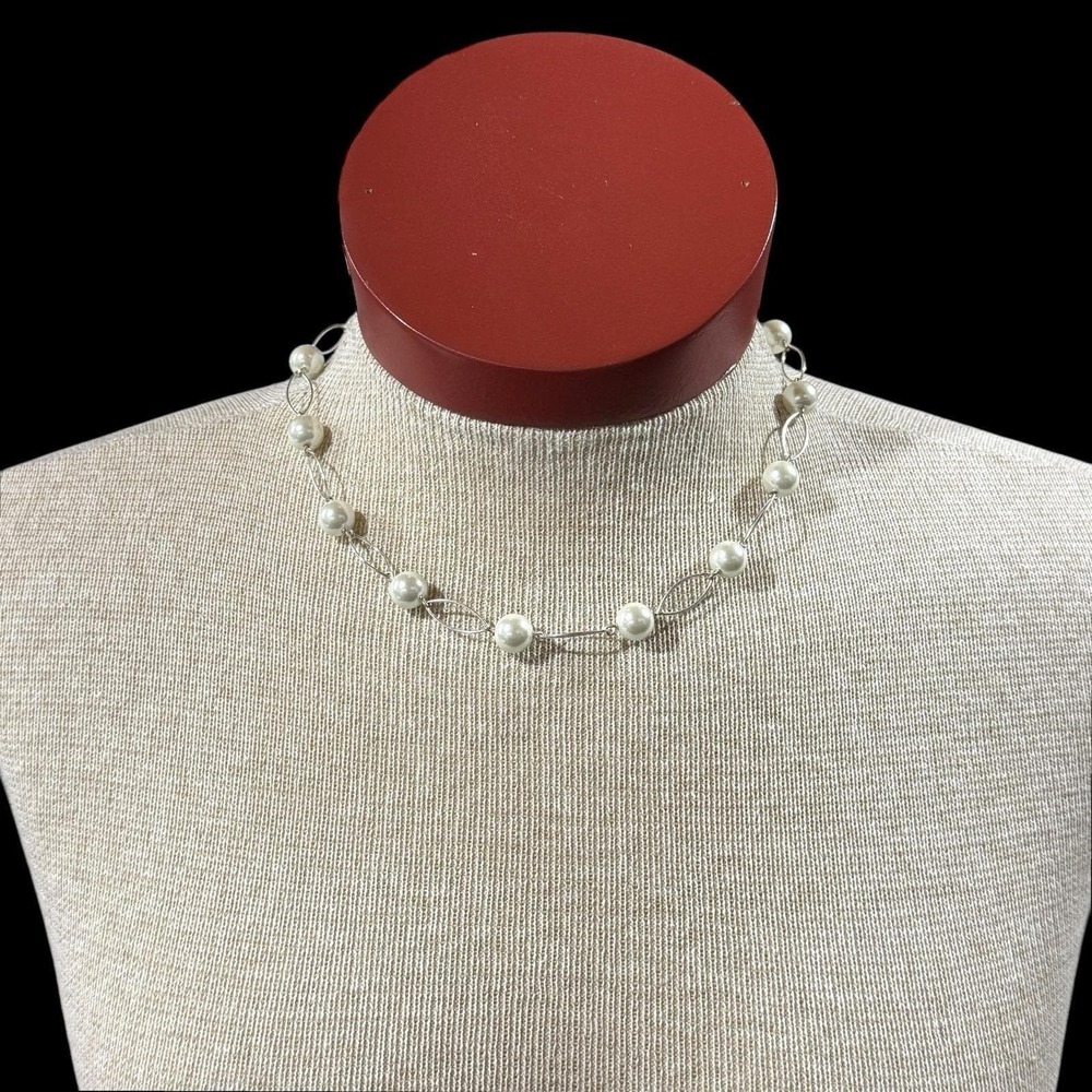Lauren Ralph Lauren Romantic Rebel Faux Pearl Oval Link Necklace Silver Tone